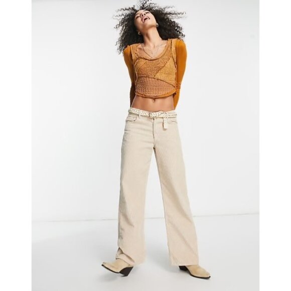 FREE PEOPLE Taylor Top Sz M Gold-Brown Lace Panel Rib Raglan Sleeve Cotton Blend - Picture 3 of 14